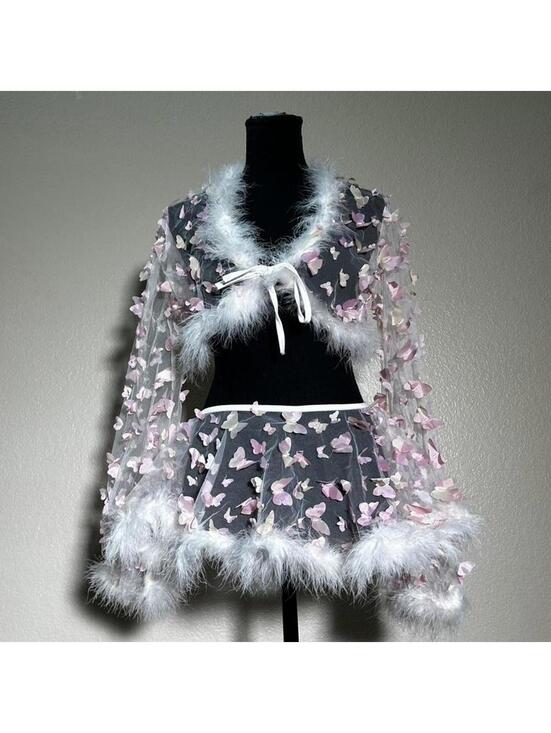 Tops - Fairycore Butterfly Mesh Set Coquette Angel Y2K Sheer Fur Trim Rave Festival